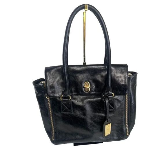 Vintage BADGLEY MISCHKA Large Black & Cream Leather‎ Handbag - Picture 1 of 14